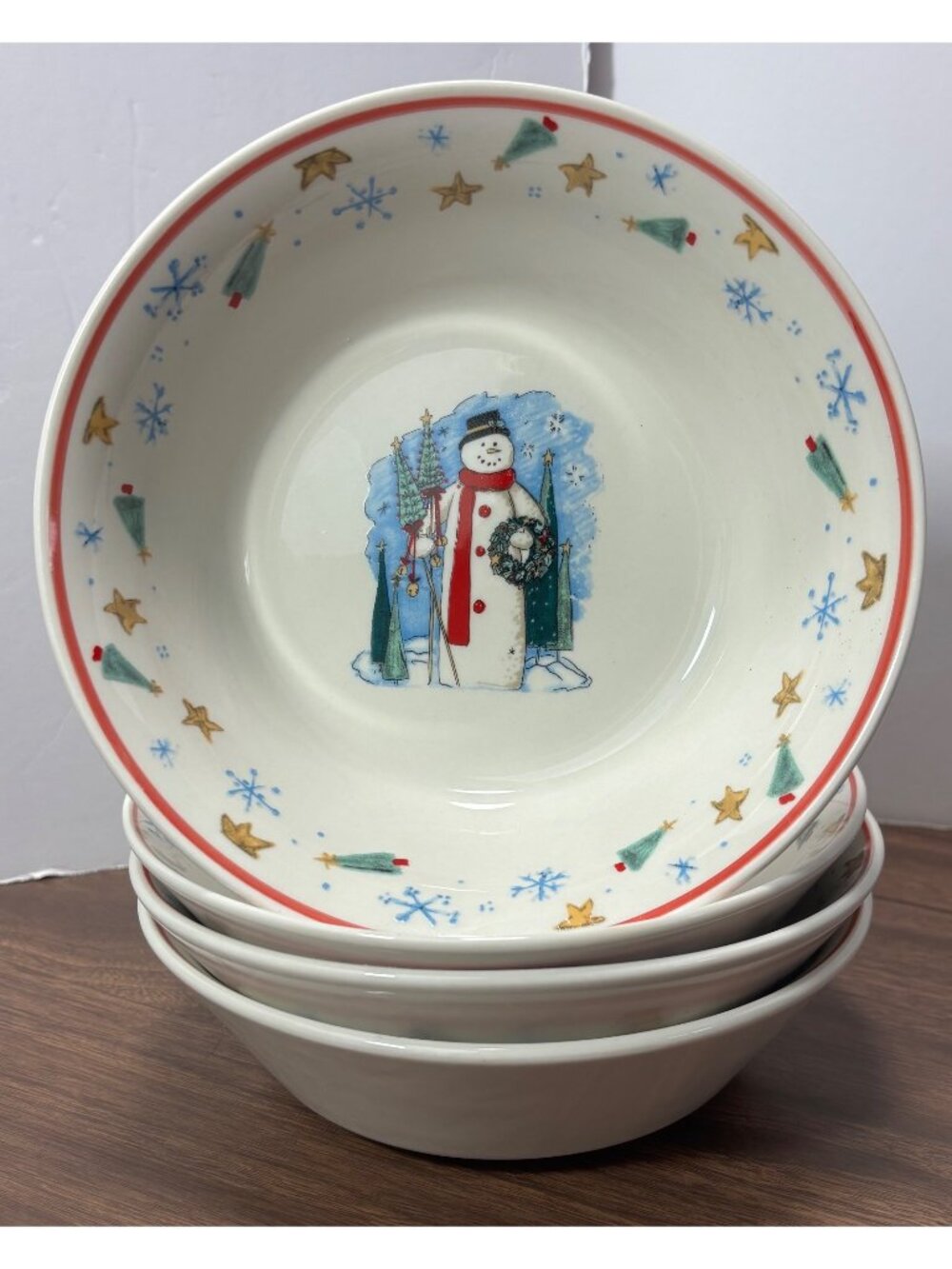 Enchanted Forest Snowman Bowls Set of 4 Christmas Holiday Winter